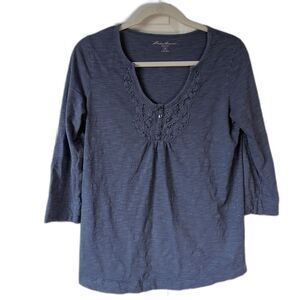 Eddie Bauer Blue Knit Henley Cotton Shirt Size M Patriotic Americana Vacation